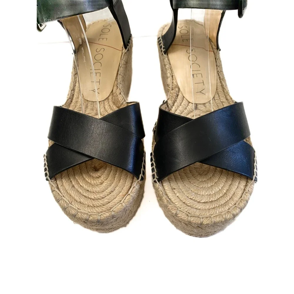 SOLE SOCIETY Audrina Black Leather Espadrille Platform Strappy Sandal Size 7.5